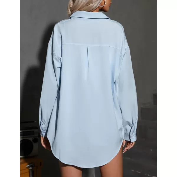 HOTOUCH Women Button Down Shirts Office Drop Shoulder Oversized Blouse Long Sleeve Boyfriend Dress Shirt with PocketsSky Blue