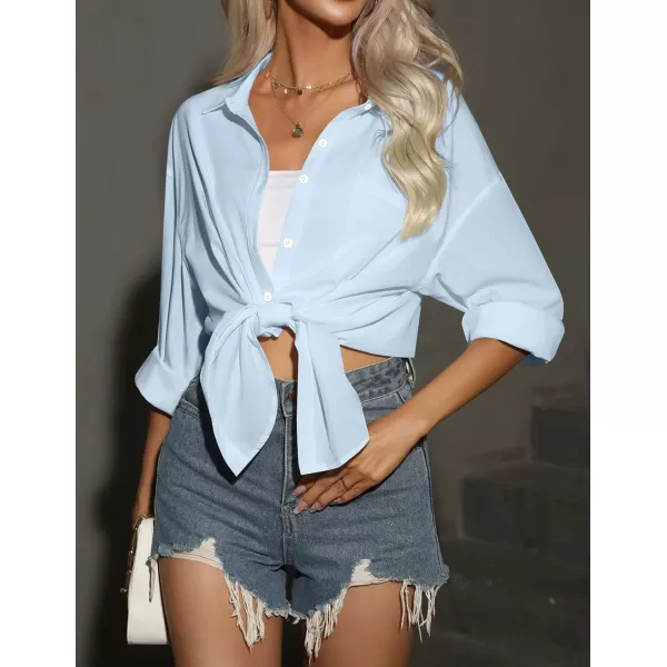 HOTOUCH Women Button Down Shirts Office Drop Shoulder Oversized Blouse Long Sleeve Boyfriend Dress Shirt with PocketsSky Blue