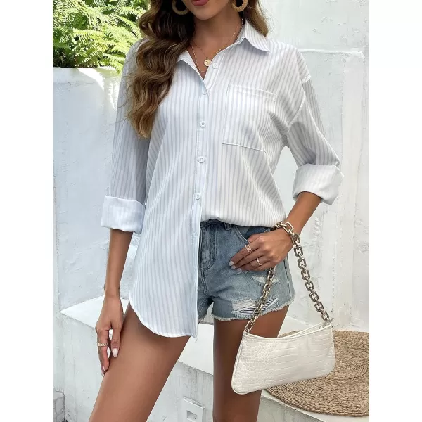 HOTOUCH Women Button Down Shirts Office Drop Shoulder Oversized Blouse Long Sleeve Boyfriend Dress Shirt with PocketsStripes