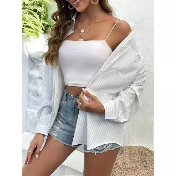 HOTOUCH Women Button Down Shirts Office Drop Shoulder Oversized Blouse Long Sleeve Boyfriend Dress Shirt with PocketsStripes