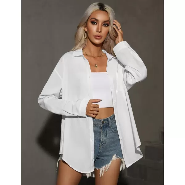 HOTOUCH Women Button Down Shirts Office Drop Shoulder Oversized Blouse Long Sleeve Boyfriend Dress Shirt with PocketsWhite