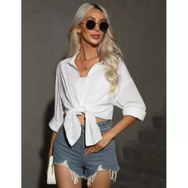 HOTOUCH Women Button Down Shirts Office Drop Shoulder Oversized Blouse Long Sleeve Boyfriend Dress Shirt with PocketsWhite