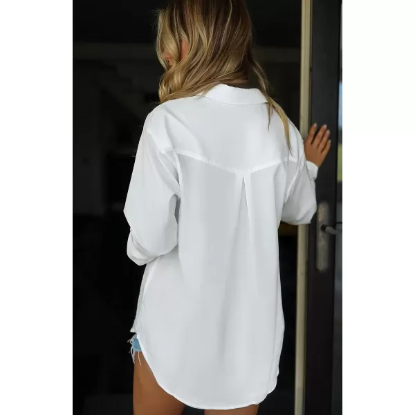 HOTOUCH Women Button Down Shirts Office Drop Shoulder Oversized Blouse Long Sleeve Boyfriend Dress Shirt with PocketsWhite