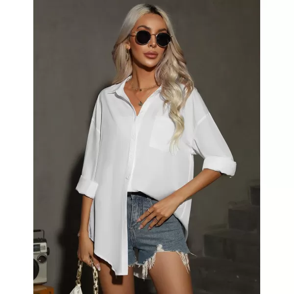 HOTOUCH Women Button Down Shirts Office Drop Shoulder Oversized Blouse Long Sleeve Boyfriend Dress Shirt with PocketsWhite
