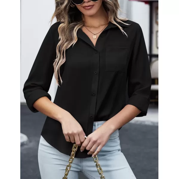 HOTOUCH Women Button Down Shirts with Pockets Long Sleeve Office Blouses Casual Business Tops Slim Fit Chiffon Shirts SXXLA Black