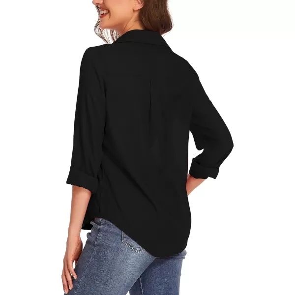 HOTOUCH Women Button Down Shirts with Pockets Long Sleeve Office Blouses Casual Business Tops Slim Fit Chiffon Shirts SXXLA Black
