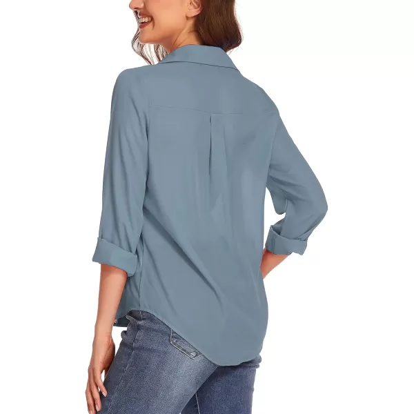 HOTOUCH Women Button Down Shirts with Pockets Long Sleeve Office Blouses Casual Business Tops Slim Fit Chiffon Shirts SXXLBlue Grey