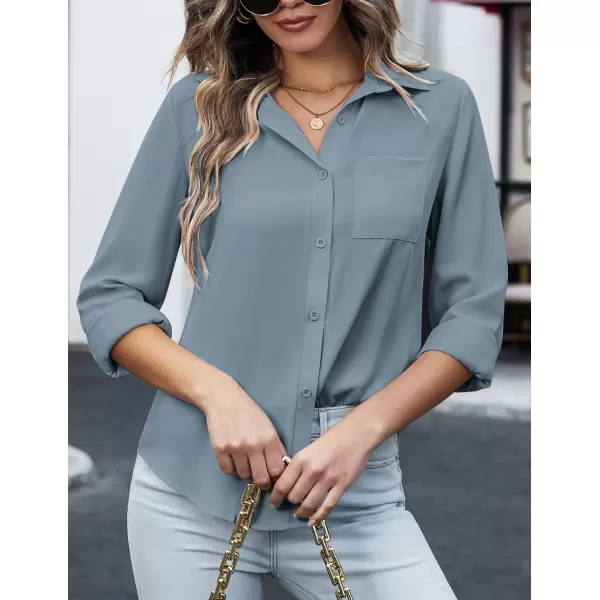 HOTOUCH Women Button Down Shirts with Pockets Long Sleeve Office Blouses Casual Business Tops Slim Fit Chiffon Shirts SXXLBlue Grey