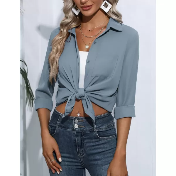 HOTOUCH Women Button Down Shirts with Pockets Long Sleeve Office Blouses Casual Business Tops Slim Fit Chiffon Shirts SXXLBlue Grey
