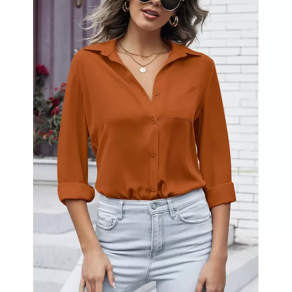HOTOUCH Women Button Down Shirts with Pockets Long Sleeve Office Blouses Casual Business Tops Slim Fit Chiffon Shirts SXXLOrange