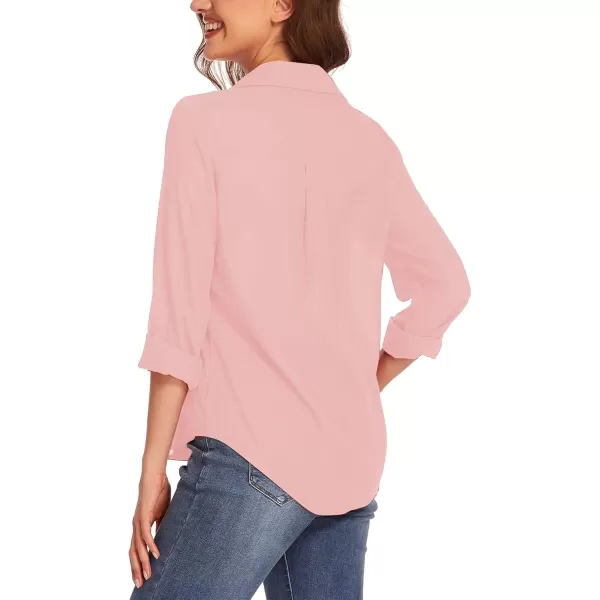 HOTOUCH Women Button Down Shirts with Pockets Long Sleeve Office Blouses Casual Business Tops Slim Fit Chiffon Shirts SXXLPink