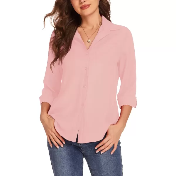 HOTOUCH Women Button Down Shirts with Pockets Long Sleeve Office Blouses Casual Business Tops Slim Fit Chiffon Shirts SXXLPink