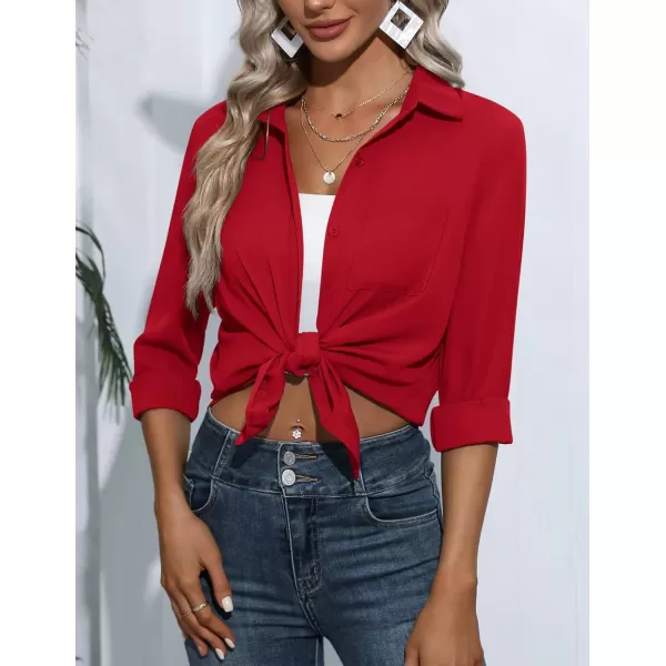 HOTOUCH Women Button Down Shirts with Pockets Long Sleeve Office Blouses Casual Business Tops Slim Fit Chiffon Shirts SXXLRed
