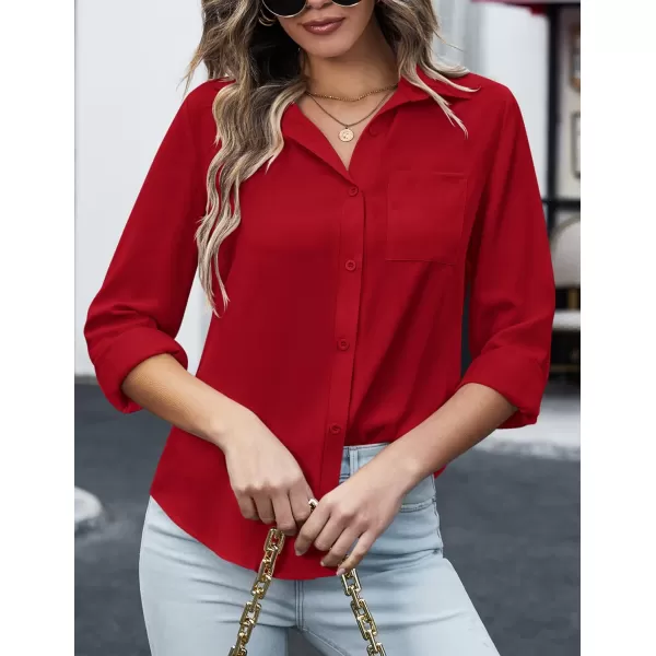 HOTOUCH Women Button Down Shirts with Pockets Long Sleeve Office Blouses Casual Business Tops Slim Fit Chiffon Shirts SXXLRed