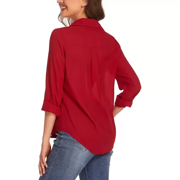 HOTOUCH Women Button Down Shirts with Pockets Long Sleeve Office Blouses Casual Business Tops Slim Fit Chiffon Shirts SXXLRed