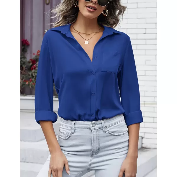 HOTOUCH Women Button Down Shirts with Pockets Long Sleeve Office Blouses Casual Business Tops Slim Fit Chiffon Shirts SXXLRoyal Blue
