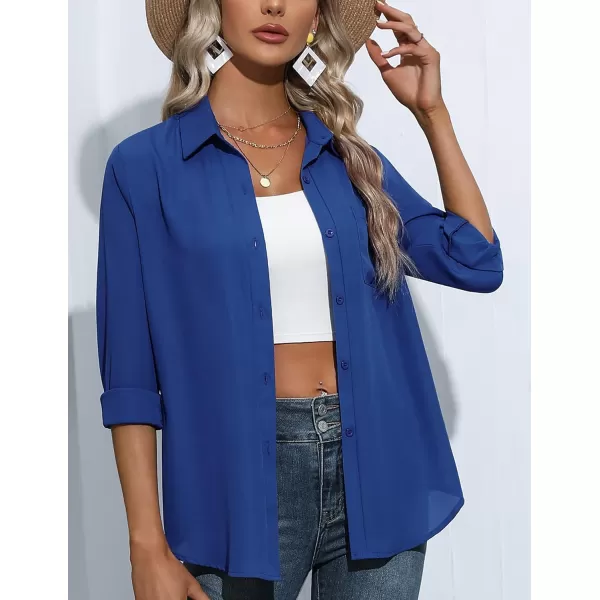 HOTOUCH Women Button Down Shirts with Pockets Long Sleeve Office Blouses Casual Business Tops Slim Fit Chiffon Shirts SXXLRoyal Blue