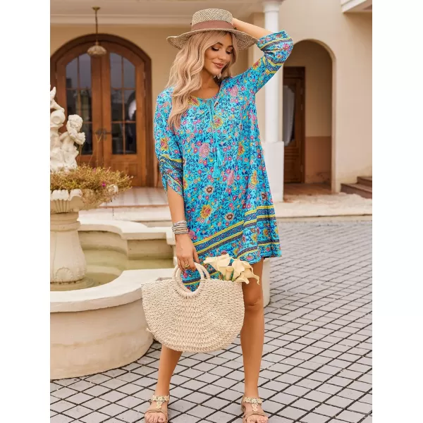 HOTOUCH Women Casual Beach Summer Dress Boho Tassel Tie Neck 34 Long Sleeve Short Floral Print Flowy Cover Up Sundresses01 Blue