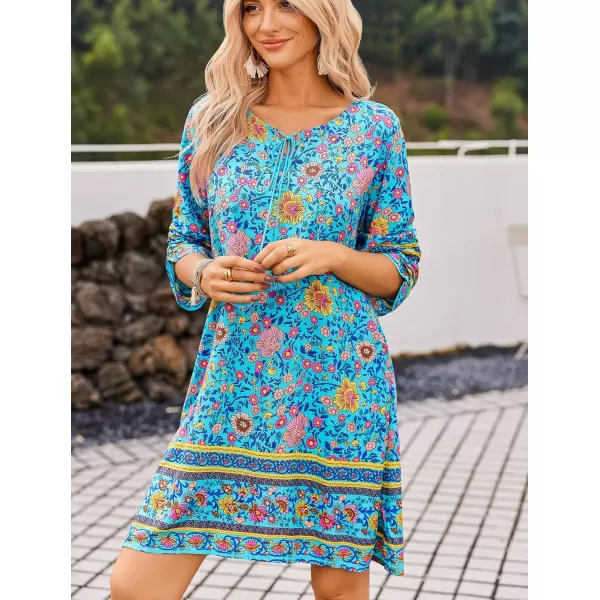 HOTOUCH Women Casual Beach Summer Dress Boho Tassel Tie Neck 34 Long Sleeve Short Floral Print Flowy Cover Up Sundresses01 Blue