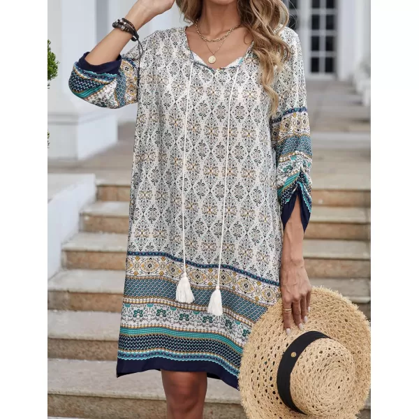 HOTOUCH Women Casual Beach Summer Dress Boho Tassel Tie Neck 34 Long Sleeve Short Floral Print Flowy Cover Up Sundresses02 White