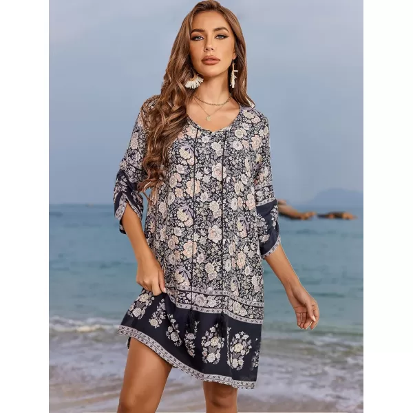 HOTOUCH Women Casual Beach Summer Dress Boho Tassel Tie Neck 34 Long Sleeve Short Floral Print Flowy Cover Up SundressesBlack