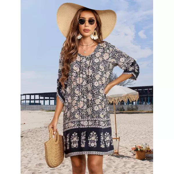HOTOUCH Women Casual Beach Summer Dress Boho Tassel Tie Neck 34 Long Sleeve Short Floral Print Flowy Cover Up SundressesBlack