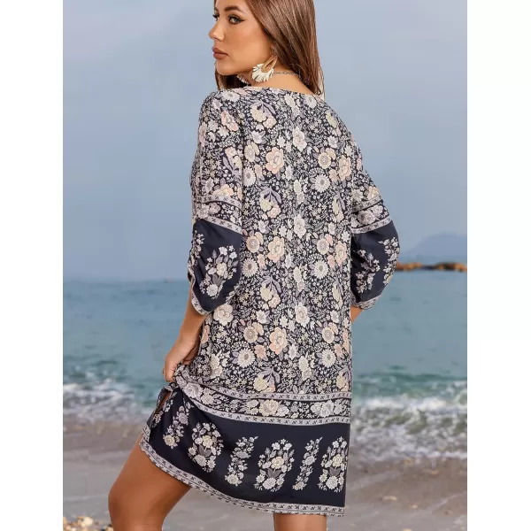 HOTOUCH Women Casual Beach Summer Dress Boho Tassel Tie Neck 34 Long Sleeve Short Floral Print Flowy Cover Up SundressesBlack