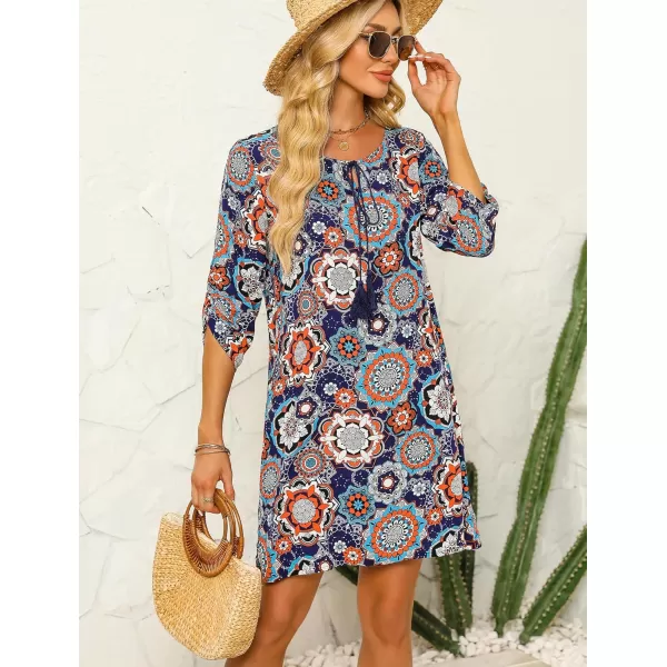 HOTOUCH Women Casual Beach Summer Dress Boho Tassel Tie Neck 34 Long Sleeve Short Floral Print Flowy Cover Up SundressesDark Blue