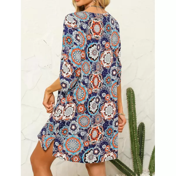 HOTOUCH Women Casual Beach Summer Dress Boho Tassel Tie Neck 34 Long Sleeve Short Floral Print Flowy Cover Up SundressesDark Blue