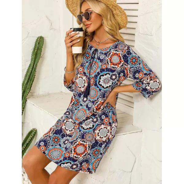 HOTOUCH Women Casual Beach Summer Dress Boho Tassel Tie Neck 34 Long Sleeve Short Floral Print Flowy Cover Up SundressesDark Blue