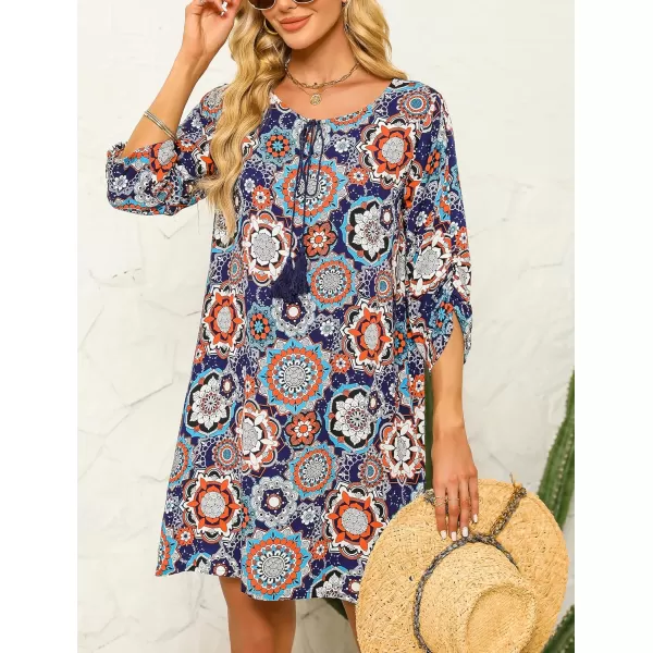HOTOUCH Women Casual Beach Summer Dress Boho Tassel Tie Neck 34 Long Sleeve Short Floral Print Flowy Cover Up SundressesDark Blue