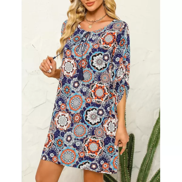 HOTOUCH Women Casual Beach Summer Dress Boho Tassel Tie Neck 34 Long Sleeve Short Floral Print Flowy Cover Up SundressesDark Blue