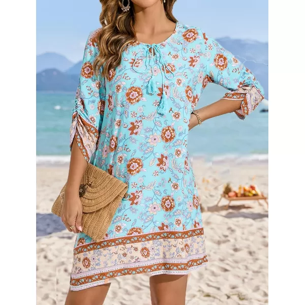 HOTOUCH Women Casual Beach Summer Dress Boho Tassel Tie Neck 34 Long Sleeve Short Floral Print Flowy Cover Up SundressesLight Blue