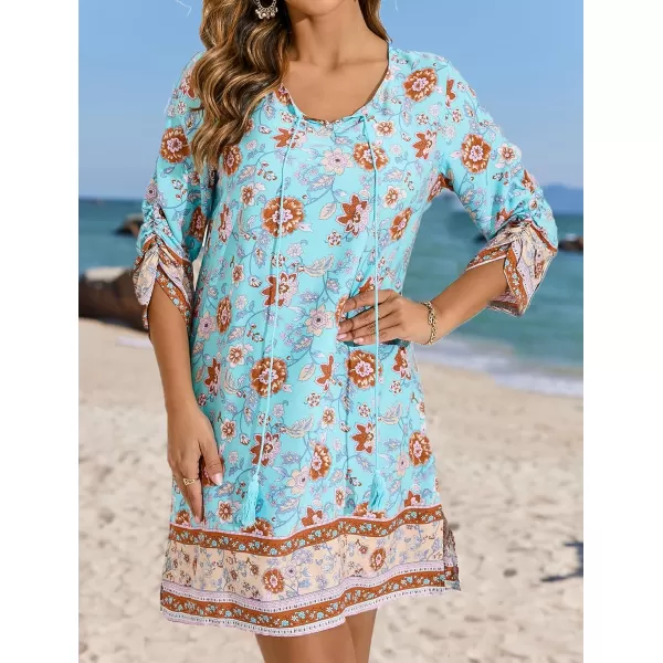 HOTOUCH Women Casual Beach Summer Dress Boho Tassel Tie Neck 34 Long Sleeve Short Floral Print Flowy Cover Up SundressesLight Blue