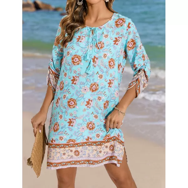 HOTOUCH Women Casual Beach Summer Dress Boho Tassel Tie Neck 34 Long Sleeve Short Floral Print Flowy Cover Up SundressesLight Blue
