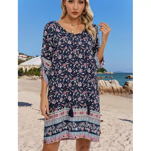 HOTOUCH Women Casual Beach Summer Dress Boho Tassel Tie Neck 34 Long Sleeve Short Floral Print Flowy Cover Up SundressesNavy Blue