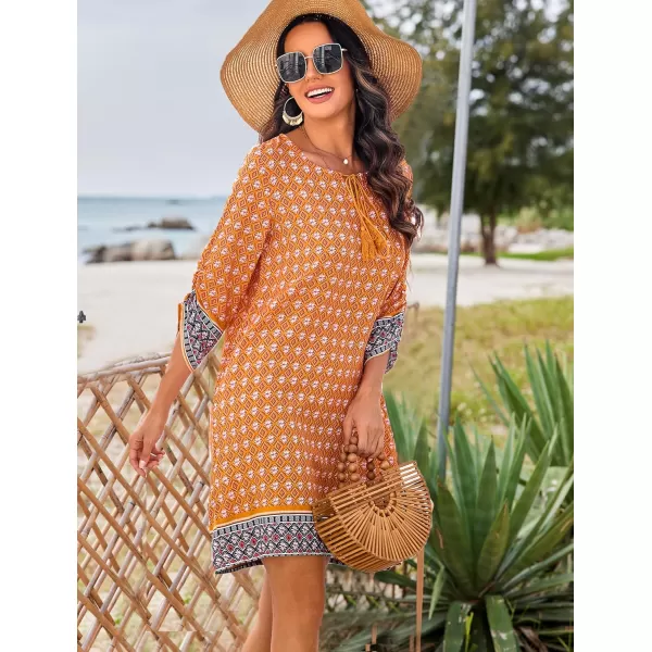 HOTOUCH Women Casual Beach Summer Dress Boho Tassel Tie Neck 34 Long Sleeve Short Floral Print Flowy Cover Up SundressesYellow