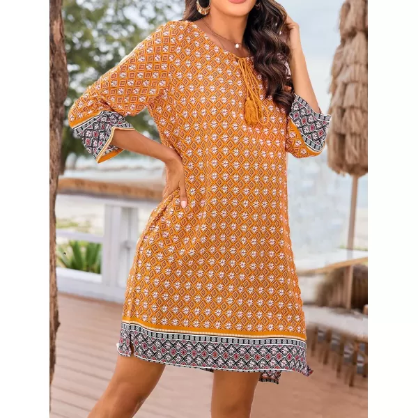 HOTOUCH Women Casual Beach Summer Dress Boho Tassel Tie Neck 34 Long Sleeve Short Floral Print Flowy Cover Up SundressesYellow
