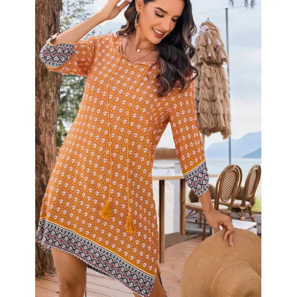 HOTOUCH Women Casual Beach Summer Dress Boho Tassel Tie Neck 34 Long Sleeve Short Floral Print Flowy Cover Up SundressesYellow