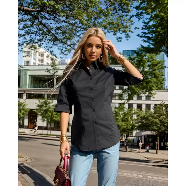 HOTOUCH Womens 34 Sleeve Button Down Shirt Slim Fit Work Blouses Cotton Dress Shirts Office TopsA  Black Slim Fit  a Size Up for Relaxed Fit