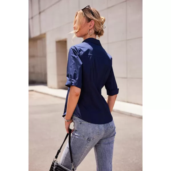 HOTOUCH Womens 34 Sleeve Button Down Shirt Slim Fit Work Blouses Cotton Dress Shirts Office TopsNavy Blue Slim Fit  a Size Up for Relaxed Fit