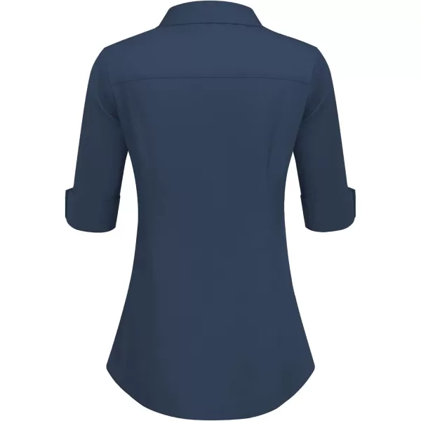 HOTOUCH Womens 34 Sleeve Button Down Shirt Slim Fit Work Blouses Cotton Dress Shirts Office TopsNavy Blue Slim Fit  a Size Up for Relaxed Fit