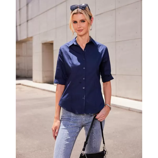 HOTOUCH Womens 34 Sleeve Button Down Shirt Slim Fit Work Blouses Cotton Dress Shirts Office TopsNavy Blue Slim Fit  a Size Up for Relaxed Fit