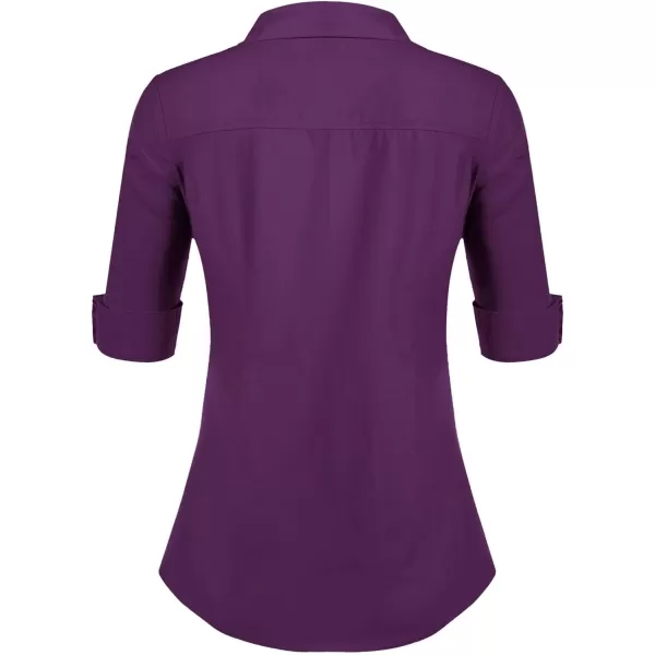 HOTOUCH Womens 34 Sleeve Button Down Shirt Slim Fit Work Blouses Cotton Dress Shirts Office TopsWineberry Slim Fit  a Size Up for Relaxed Fit
