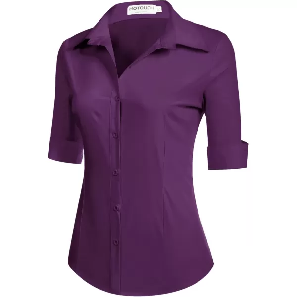 HOTOUCH Womens 34 Sleeve Button Down Shirt Slim Fit Work Blouses Cotton Dress Shirts Office TopsWineberry Slim Fit  a Size Up for Relaxed Fit