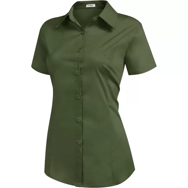 HOTOUCH Womens Basic Button Up Shirt Short Sleeve Stretchy Button Down Collared Shirts Waitress Work ShirtArmy Green