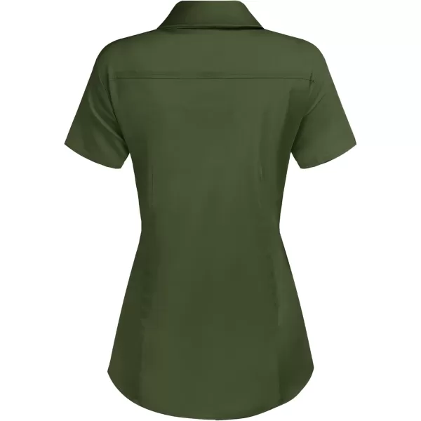 HOTOUCH Womens Basic Button Up Shirt Short Sleeve Stretchy Button Down Collared Shirts Waitress Work ShirtArmy Green