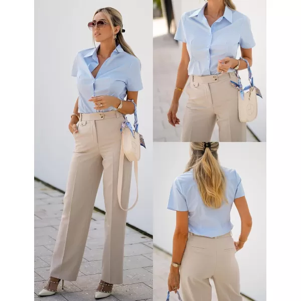HOTOUCH Womens Basic Button Up Shirt Short Sleeve Stretchy Button Down Collared Shirts Waitress Work ShirtClear Blue
