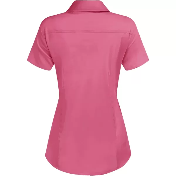HOTOUCH Womens Basic Button Up Shirt Short Sleeve Stretchy Button Down Collared Shirts Waitress Work ShirtHot Pink