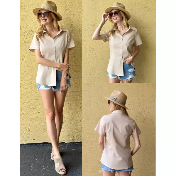 HOTOUCH Womens Basic Button Up Shirt Short Sleeve Stretchy Button Down Collared Shirts Waitress Work ShirtLight Khaki